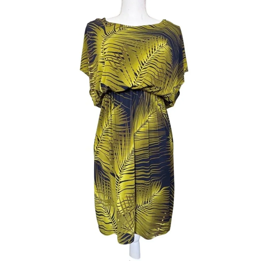 Valerie Bertinelli Womens Leaf Print Dress NWT Size 4 Green & Black Stretchy Wai - Picture 1 of 15